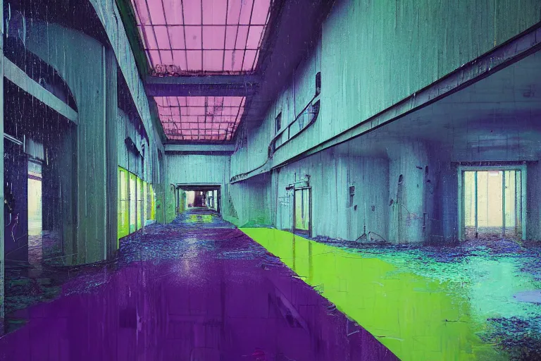 Prompt: abandoned 9 0 s interior with large organic circular windows, rain like a dream, oil painting, cinematic, dramatic, volumetric lighting, cyberpunk, basquiat + francis bacon + gustav klimt + beeple, elevated street art, fantasy lut, textural, pink, blue, purple, green,