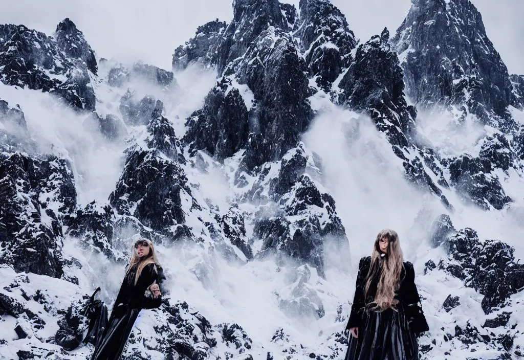 Prompt: fashion editorial in snow avalanche. gigantic snow storm mountain. wide angle shot. highly detailed. depth of field. high definition. 8k. photography.