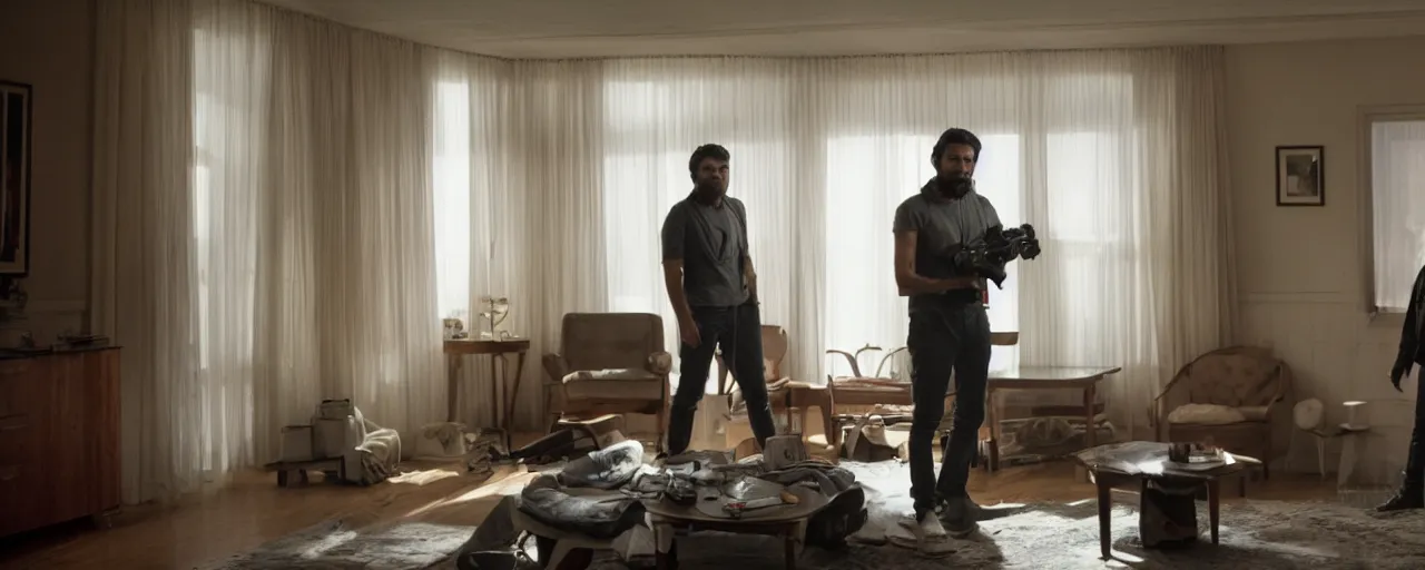 Prompt: 3 / 4 midshot of oscar isaac in a interior of a 1 9 9 0 s house living room directed by bradford young, rembrandt lighting, imax 5 0 mm anamorphic lens,