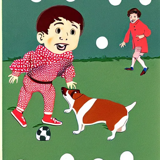 Image similar to book illustration of a french boy on the streets of paris playing football against a corgi, the dog is wearing a polka dot scarf, 1 9 6 6