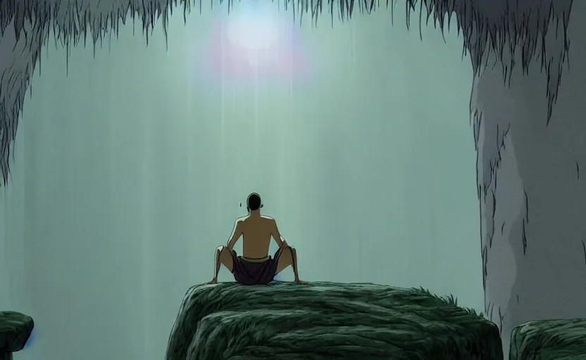 Prompt: a cell - shaded cartoon movie still from princess mononoke ( 1 9 9 7 ) of a giant monk in a grey robe meditating in lotus position in a flooded stonehenge with shafts of sunlight from above. very dull muted colors, hd, 4 k, hq