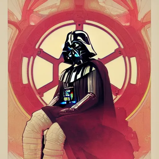 Prompt: darth vader sitting in his meditation chamber by Alphonse Mucha + Greg Rutkowski + Sachin Teng