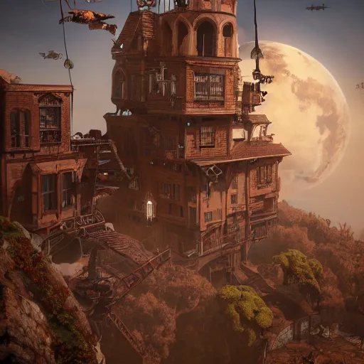 Prompt: flying steampunk fortress, extremely detailed, behrens style, unreal 5 render, fantasy digital art, octane render, beautiful composition, trending on artstation, award - winning photograph, masterpiece