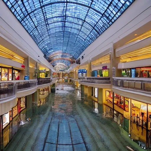 Image similar to photo of inside a shopping mall the inside is flooded with over 2 0 meters depth of water, highly detailed.