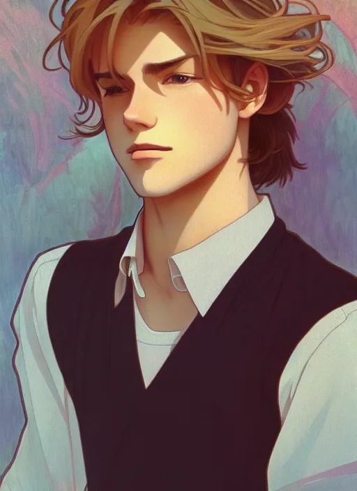 Image similar to pretty young man with shoulder length shiny shimmering golden blond hair, path traced, highly detailed, high quality, digital painting, by studio ghibli and alphonse mucha, leesha hannigan, makoto shinkai, disney