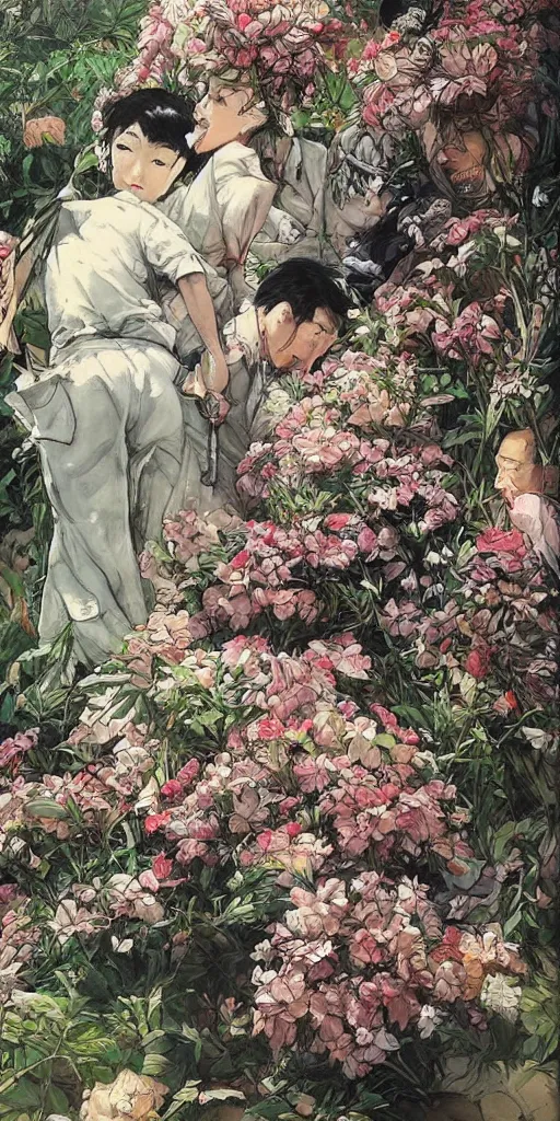 Image similar to oil painting scene from blooming garden by kim jung gi