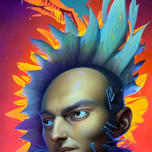 Prompt: chosen mohawk projector portrait by gaston bussierre and charles vess and james jean and erik jones and rhads, inspired by rick and morty, epic, funny, huge scale, beautiful fine face features, intricate high details, sharp, ultradetailed