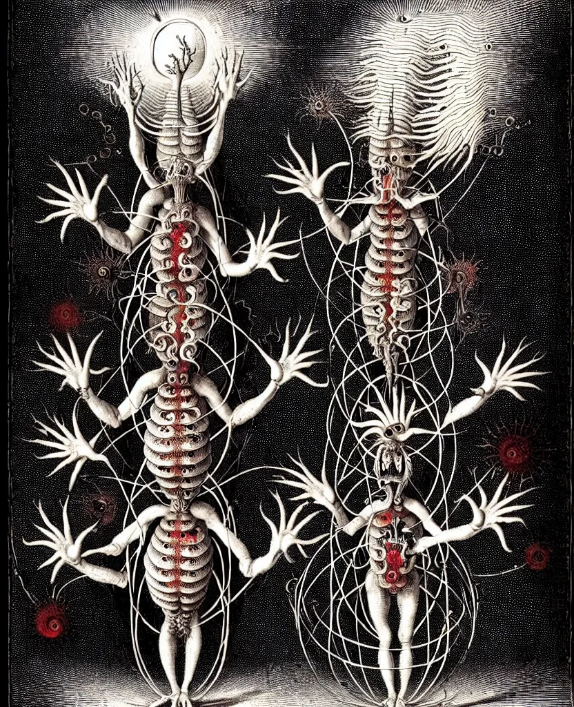 Image similar to fiery freaky creature sings a unique canto about'as above so below'being ignited by the spirit of haeckel and robert fludd, breakthrough is iminent, glory be to the magic within