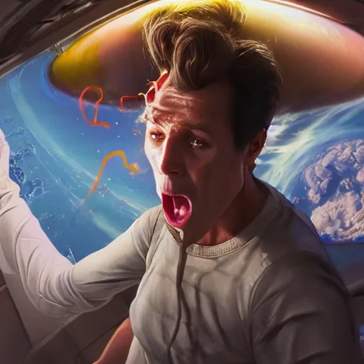 Image similar to hyperrealistic film still of ace ventura pet detective asphyxiating in space, stunning 3 d render, inspired by istvan sandorfi & greg rutkowski & unreal engine, perfect symmetry, dim volumetric cinematic lighting, 8 k octane comprehensive render, extremely hyper - detailed, incredibly lifelike attributes, intricate, real flesh texture, masterpiece, artstation, stunning,