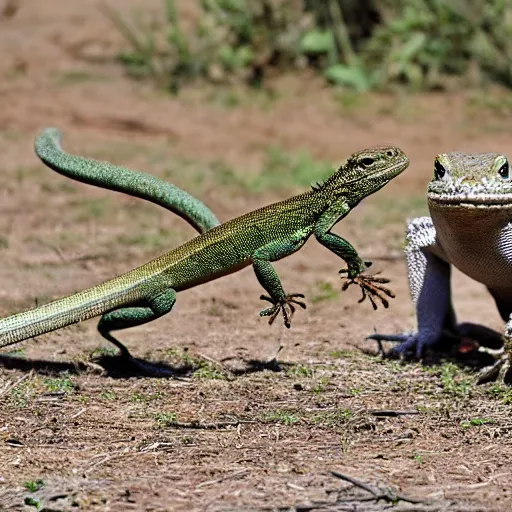 Prompt: a lizard fighting a turkey