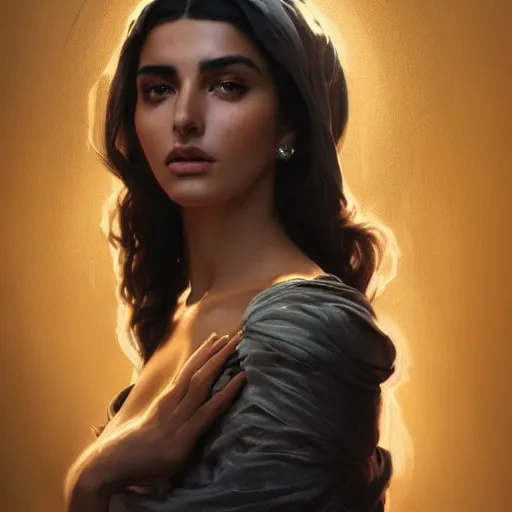 Prompt: a Photorealistic dramatic render of greek arab ameera al taweel, blue eyes, wavy black hair, golden veil, by WLOP, Artgerm, Greg Rutkowski, Alphonse Mucha, Beautiful dynamic dramatic dark moody lighting,shadows,cinematic atmosphere,Artstation,concept design art,Octane render,8K