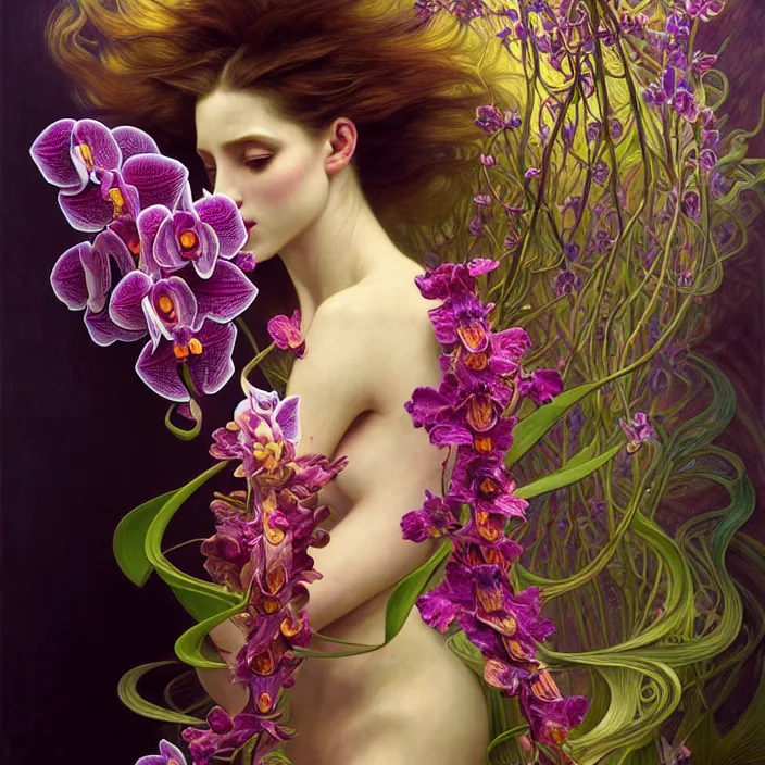 Prompt: psychedelic creature made of orchids, diffuse lighting, fantasy, intricate, elegant, highly detailed, lifelike, photorealistic, digital painting, artstation, illustration, concept art, smooth, sharp focus, art by John Collier and Albert Aublet and Krenz Cushart and Artem Demura and Alphonse Mucha