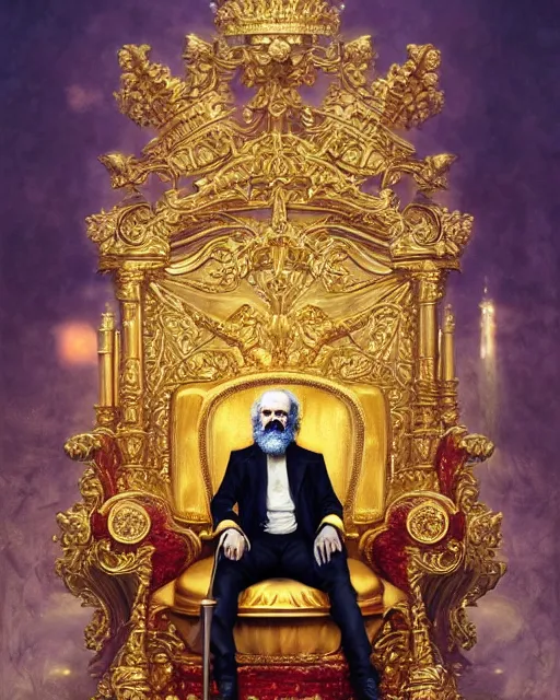 Prompt: oil painting of Karl Marx, sitting on golden throne, wearing golden crown, proud look, full body, sharp focus, fantasy style, octane render, volumetric lighting, 8k high definition, by greg rutkowski, highly detailed, trending on art Station, magic the gathering artwork, woodland backround