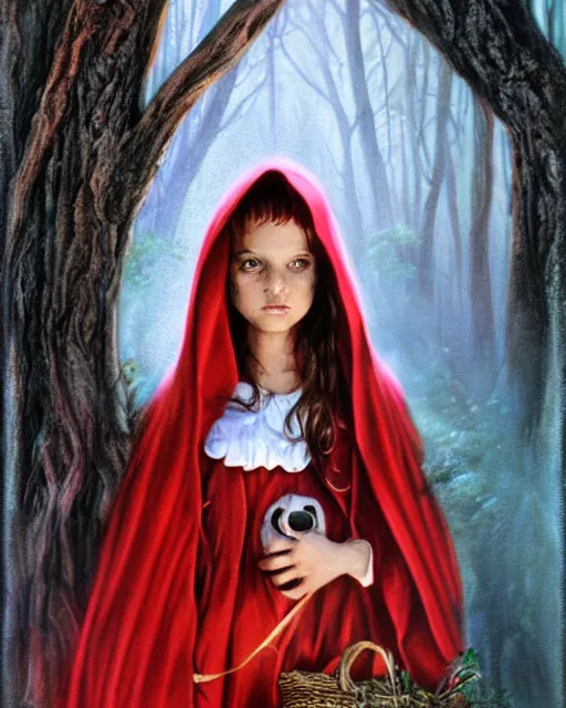 Image similar to little red riding hood, airbrush, drew struzan illustration art, key art, movie poster