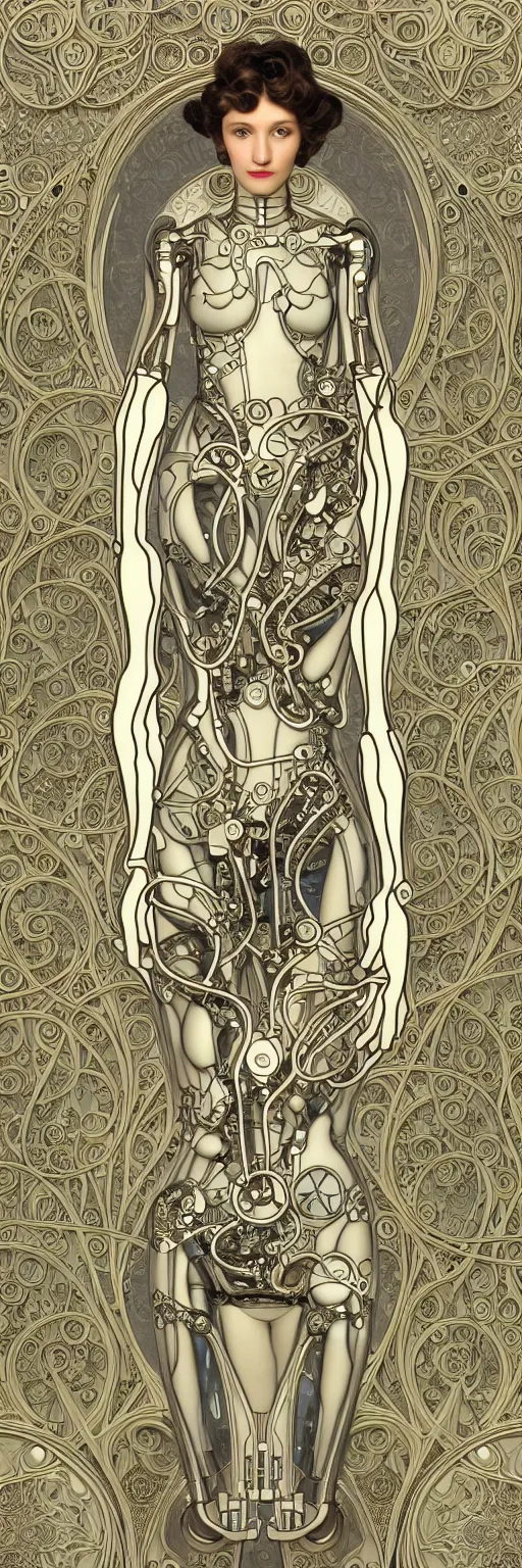Prompt: seamless pattern of beautiful cybernetic art nouveau robot, beautiful art nouveau porcelain face + body is clear plastic, inside organic robotic tubes and parts, damask patern, front facing, wearing translucent baroque rain - jacket + symmetrical composition + intricate details, hyperrealism, wet, reflections + by alfonse mucha and moebius, no blur