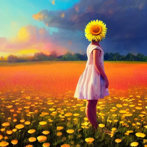Prompt: head made of giant daisies, girl standing barefoot in a vast flower field, holding chest, surreal photography, sunrise dramatic light, impressionist painting, colorful clouds, large sky, digital painting, artstation, simon stalenhag, flower face