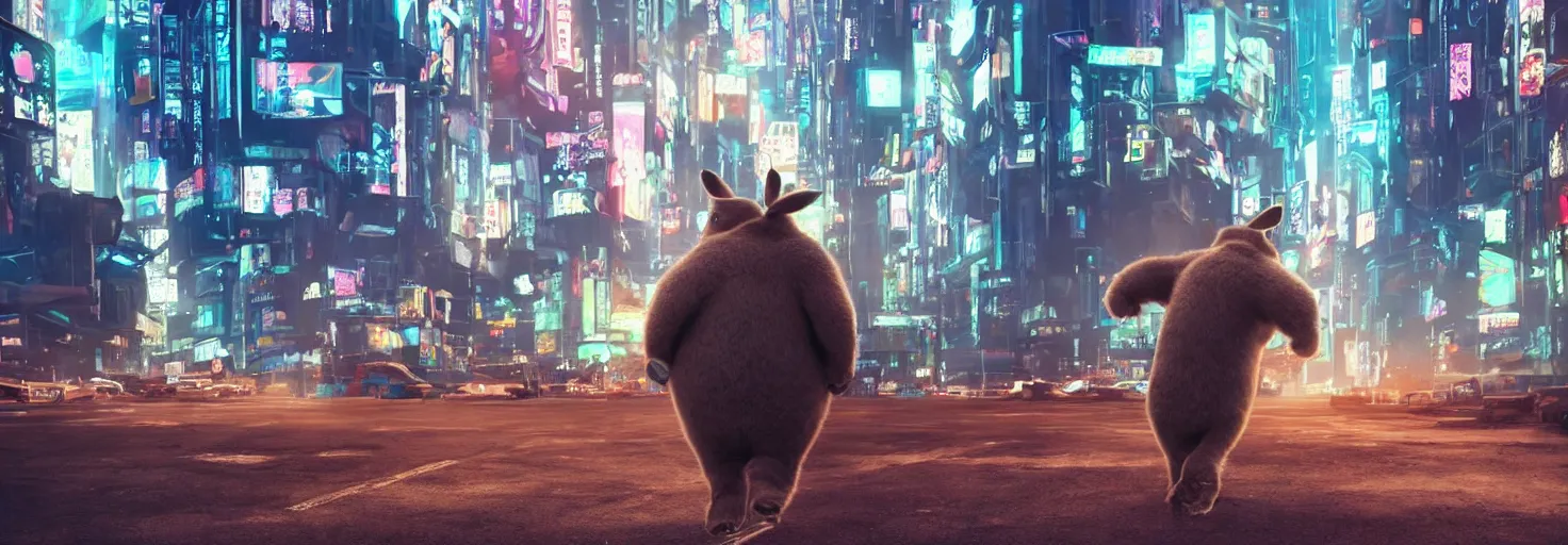 Image similar to photo big chungus roaming in a cyberpunk futuristic city