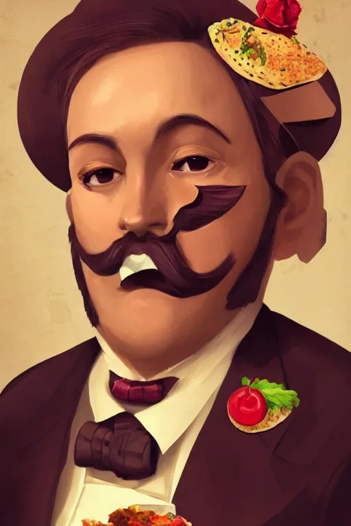 Image similar to a portrait of a handsome taco!!!! wearing a monocle and a victorian suit, ( ( character concept art ) ), headshot, trending on artstation, culinary photography of a delicious taco in a tuxedo