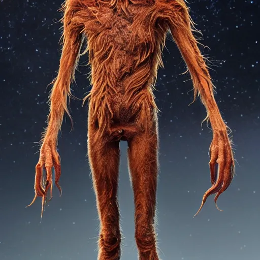 Prompt: standing photorealistic detailed tall skinny humanoid creature with fur, extremly detailed, 8 k, realistic, sharp focus, cosmic horror creature, cosmic horror, from the movie the thing