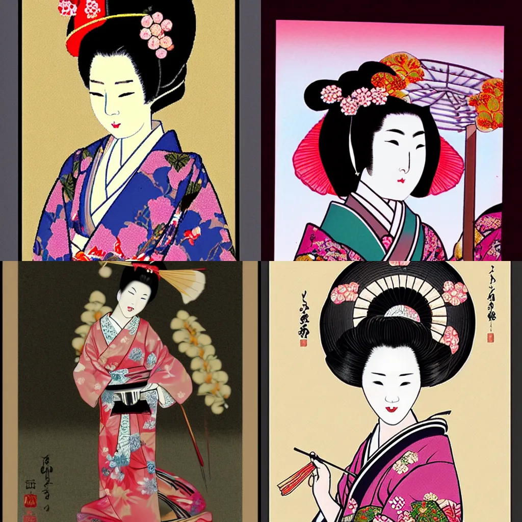 Prompt: a beautiful geisha in the style of nihonga