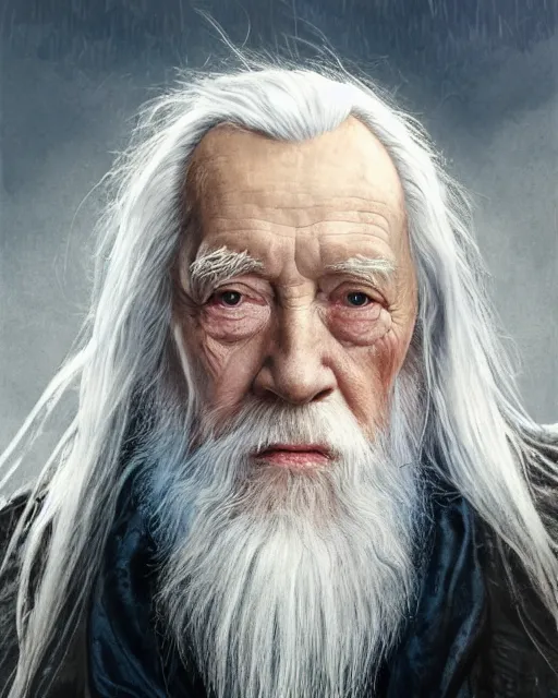 Image similar to portrait of 8 0 - year - old man, with blue eyes, very long silver hair, and very long silver beard, dumbledore, wearing in black cloak, hyper realistic face, beautiful eyes, fantasy art, in the style of greg rutkowski, intricate, alphonse mucha, hyper detailed, smooth