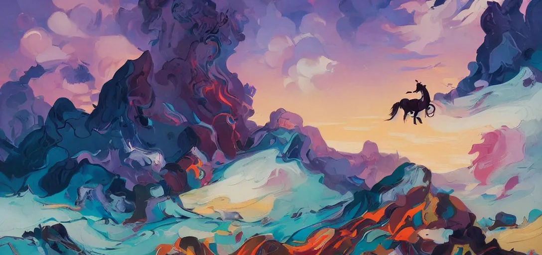 Prompt: over the hills, by peter mohrbacher, dream as a horse, jeremy man, francoise nielly, van gogh, ross tran, beautiful, award winning scenery