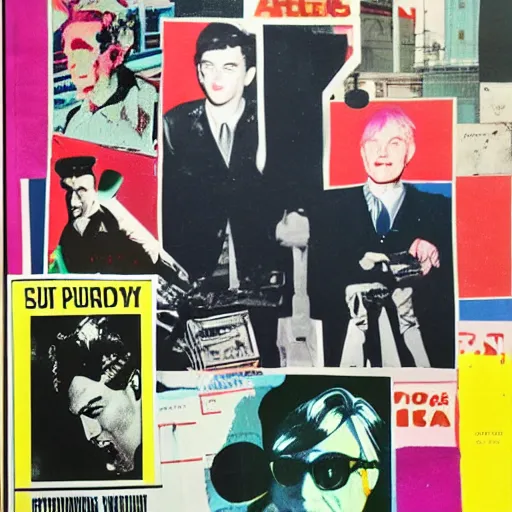 Prompt: 1950 magazine cut out collage of Cristopher Street day, Andy Warhol,