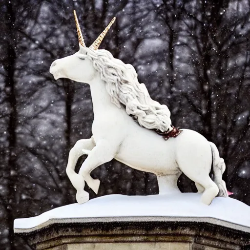 Prompt: of a statue of god riding a unicorn while wearing a jacket on a snowy day