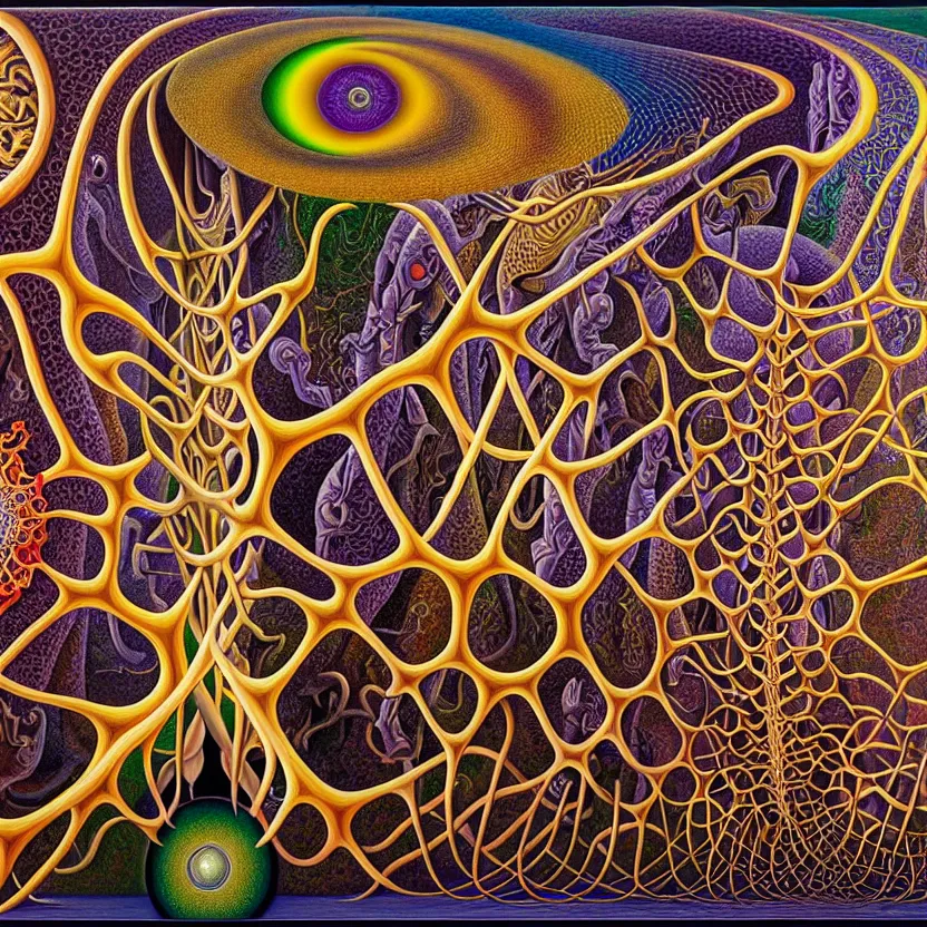 Prompt: infinite fractals of neurons, consciousness, recursion, surreal, by salvador dali and mc escher and alex grey, oil on canvas, hd, dreams, intricate details, warm colors
