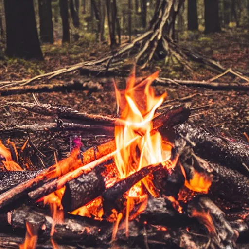 Prompt: closeup of a campfire in an ominous forest burning voodoo dolls, photography