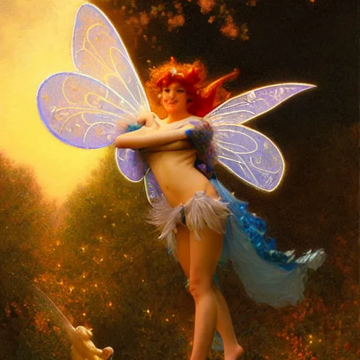 Image similar to attractive fairy magically floating high in the night, fantasy, full moon in background. highly detailed painting by gaston bussiere, craig mullins, j. c. leyendecker, mid shot, 8 k