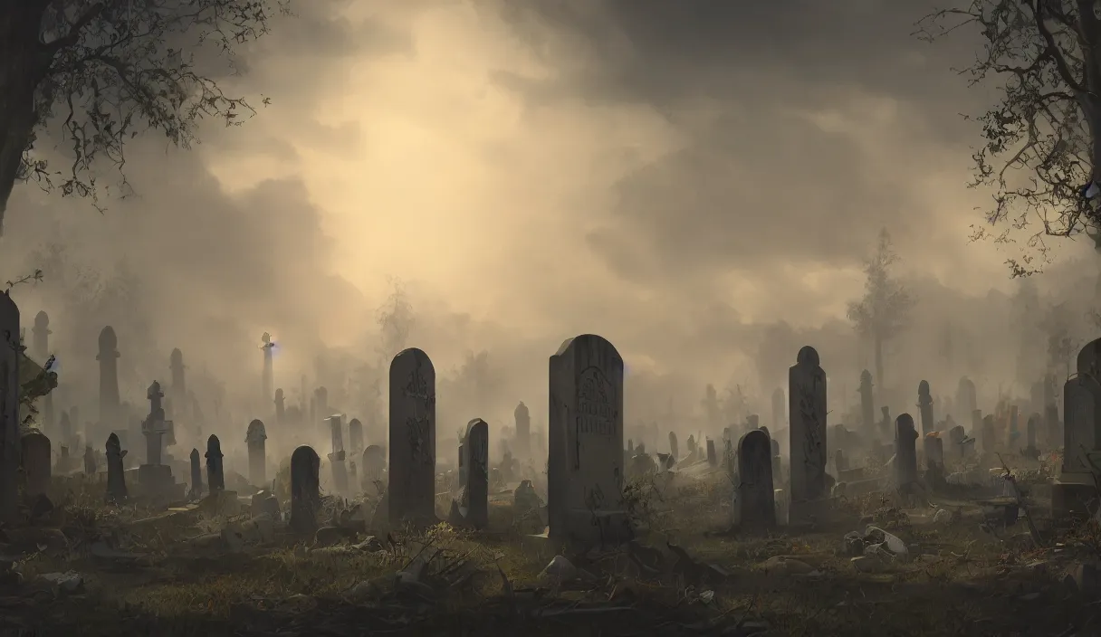 Prompt: a beautiful painting of a graveyard, cinematic angle, studio lighting, movie concept, trending on artstation, 8 k, ultra high detail