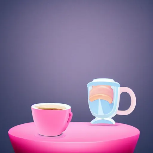 Image similar to pink coffee cup full of donuts, blue pig sitting in chair, ultra realistic, 8 k