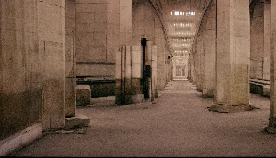 Prompt: 60s movie still of an empty aqueduc, cinestill 800t 50mm eastmancolor, liminal Space style, heavy grain