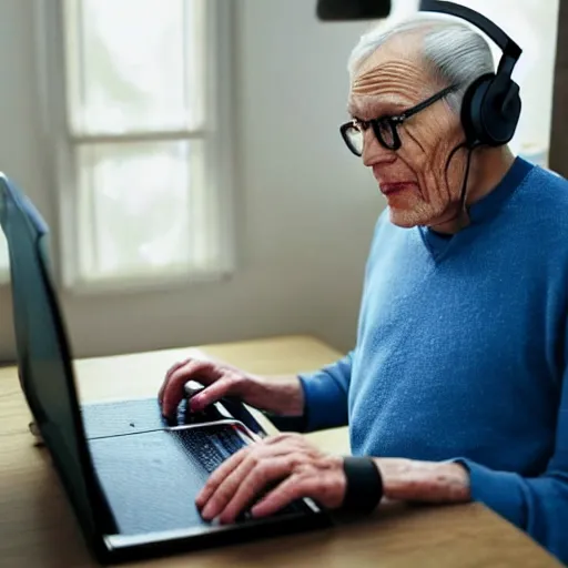 Image similar to A colored colorized real screenshot of Jerma985 as an elderly guy streaming on his computer while wearing headphones, taken in the early 2020s, taken on a 2010s Camera, realistic, hyperrealistic, very realistic, very very realistic, highly detailed, very detailed, extremely detailed, detailed, digital art, trending on artstation, headshot and bodyshot, detailed face, very detailed face, very detailed face, real, real world, in real life, realism, HD Quality, 8k resolution, intricate details, colorized photograph, colorized photon, body and headshot, body and head in view