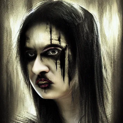 Prompt: a woman with yellow eyes and black hair, a detailed matte painting by basuki abdullah, deviantart, gothic art, demonic photograph, horror film, dark