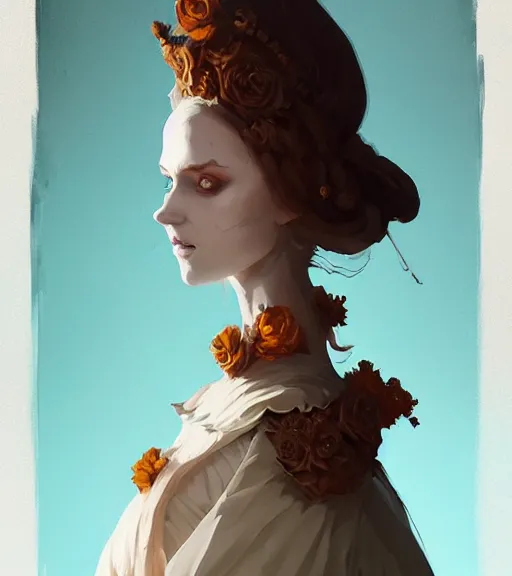 Image similar to portrait of a baroque dress design inspired by pumpkin from fantasy world for queen by atey ghailan, by greg rutkowski, by greg tocchini, by james gilleard, by joe fenton, by kaethe butcher, dynamic lighting, gradient light blue, brown, blonde cream and white color scheme, grunge aesthetic