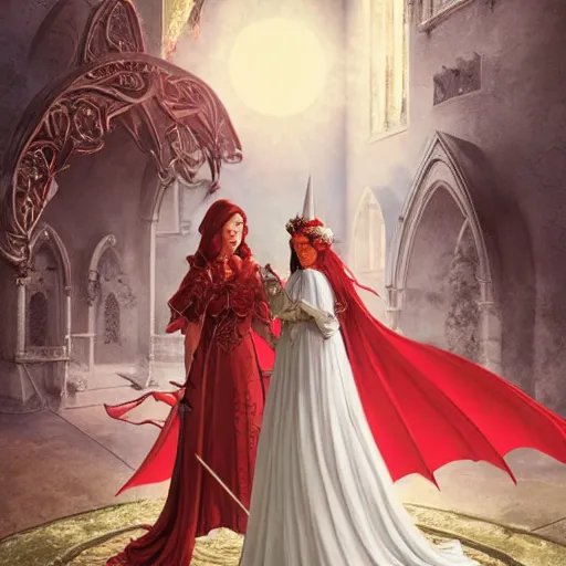 Image similar to an ultra detailed matte painting of a lesbian wedding between evil pyromancer and a red mage, unholy, white church background, detailed face, sharp focus, highly detailed, cinematic lighting, studio quality, colorful, smooth render, vector illustration, octane, rendered, by artgerm, greg rutkowski, alphonse mucha