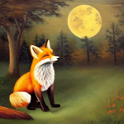 Prompt: A fox playing the piano in a meadow in the forest during the night under the moonlight, oil painting