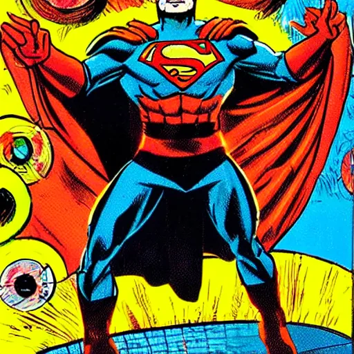 Image similar to a comic book super hero who is just really good at pinball and throws pinball machines he has a long cape his left hand is missing and instead is a launcher from a pinball machine, 4k, highly detailed, heroic pose, graphic novel, bright colors, dark lines