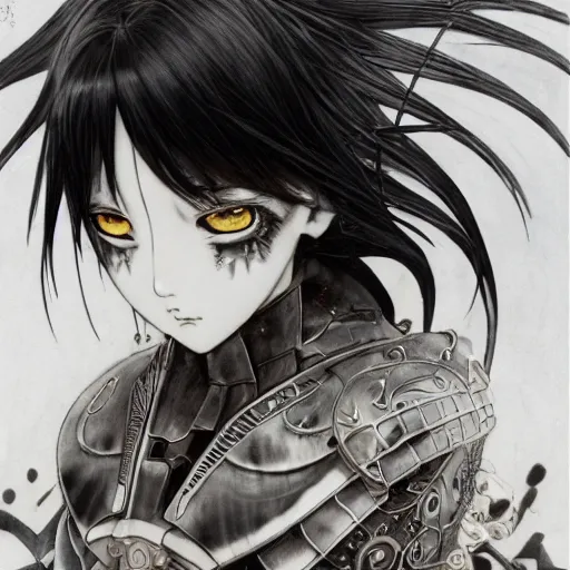 Prompt: yoshitaka amano realistic illustration of an anime girl with black eyes, wavy white hair fluttering in the wind and cracks on her face wearing elden ring armour with engraving, abstract black and white patterns on the background, noisy film grain effect, highly detailed, renaissance oil painting, weird portrait angle, blurred and dreamy portrait, three quarter angle, evangelion color palette