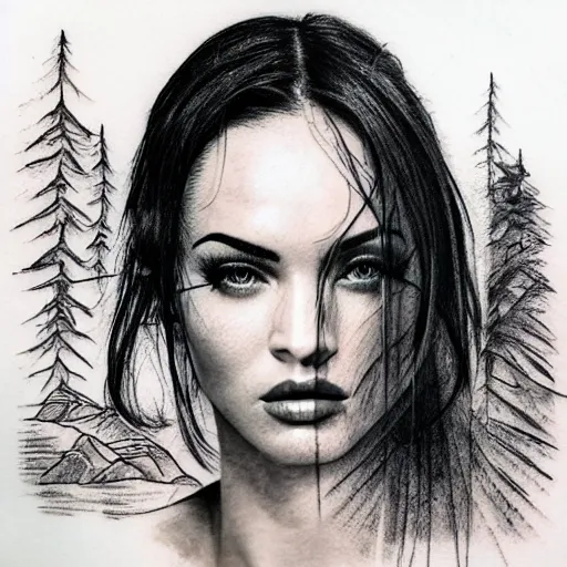 Prompt: double exposure effect of megan fox and beautiful mountain scenery, realism tattoo sketch, in the style of brandon kidwell, white background