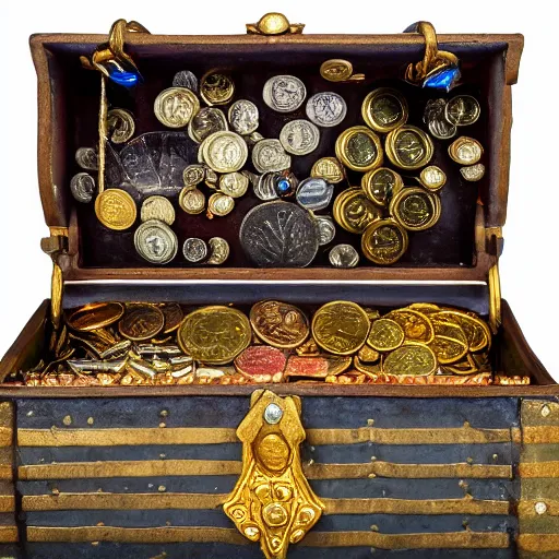 Image similar to A treasure chest filled with jewels, coins and golden artefacts, 4k, hdri, museum quality photo