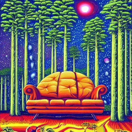 Image similar to psychedelic trippy couch pine forest, planets, milky way, sofa, cartoon by rob gonsalves spruce s - 4 2