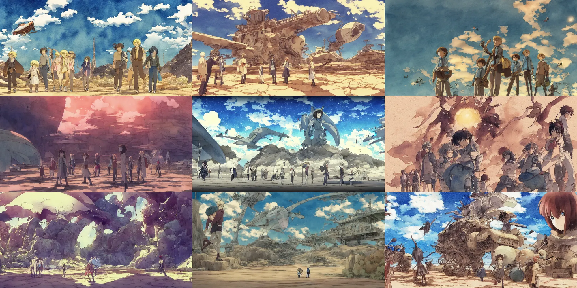 Prompt: anime movie screenshot, paper texture, ( ( detailed watercolor ) ) characters by tatsuyuki tanaka, vanishing point, by ghibli!!! nausicaa!!, desert!!!, rim light, long shadows, bright, miyazaki, vibrant, motion, airship, flying beetles