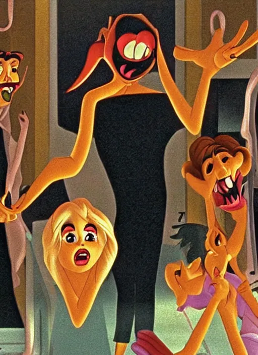 Image similar to a cinematic still from Scream (1996) as an animated Disney movie from 1993, highly detailed