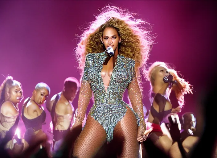 Image similar to beyonce giving a concert, ( eos 5 ds r, iso 1 0 0, f / 8, 1 / 1 2 5, 8 4 mm, postprocessed, crisp face, facial features )