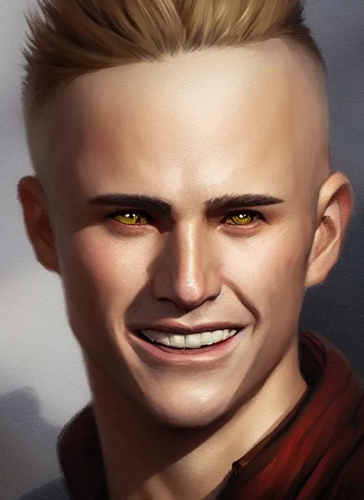 Image similar to a _ fantasy _ style _ portrait _ painting _ of white male short fringe light brown hair short face grinning clean shaven short head, rpg dnd oil _ painting _ unreal _ 5 _ daz. _ rpg _ portrait _ extremely _ detailed _ artgerm _ greg _ rutkowski _ greg