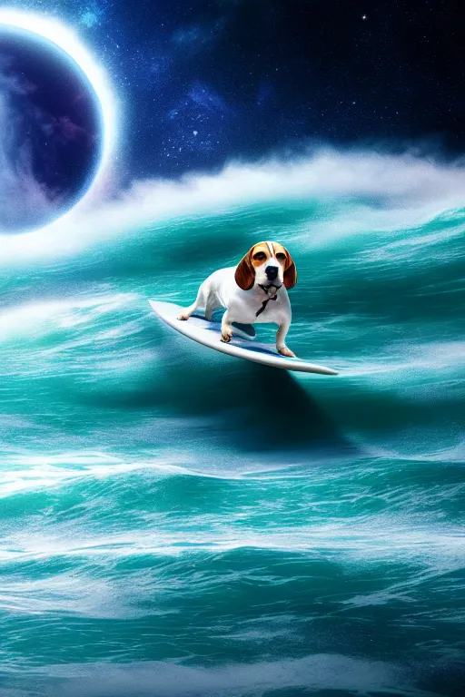 Image similar to beagle dog surfing a surfboard on a sparkly crashing wave of stardust in space, background is a moon in nebula, octane render, unreal engine, wide view, 8 k, highdetaild