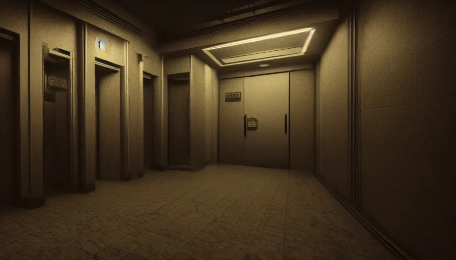 Image similar to Creepy Elevator, Volumetric Lighting, Anamorpic Lens, Cinematic Lighting, Hyperrealistic Rendering, Hyperdetailed, Intricate Details, Dynamic Lights, Raytracing